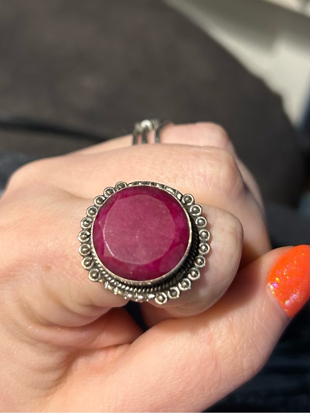 Sterling Silver Ring with Deep Pink Gemstone